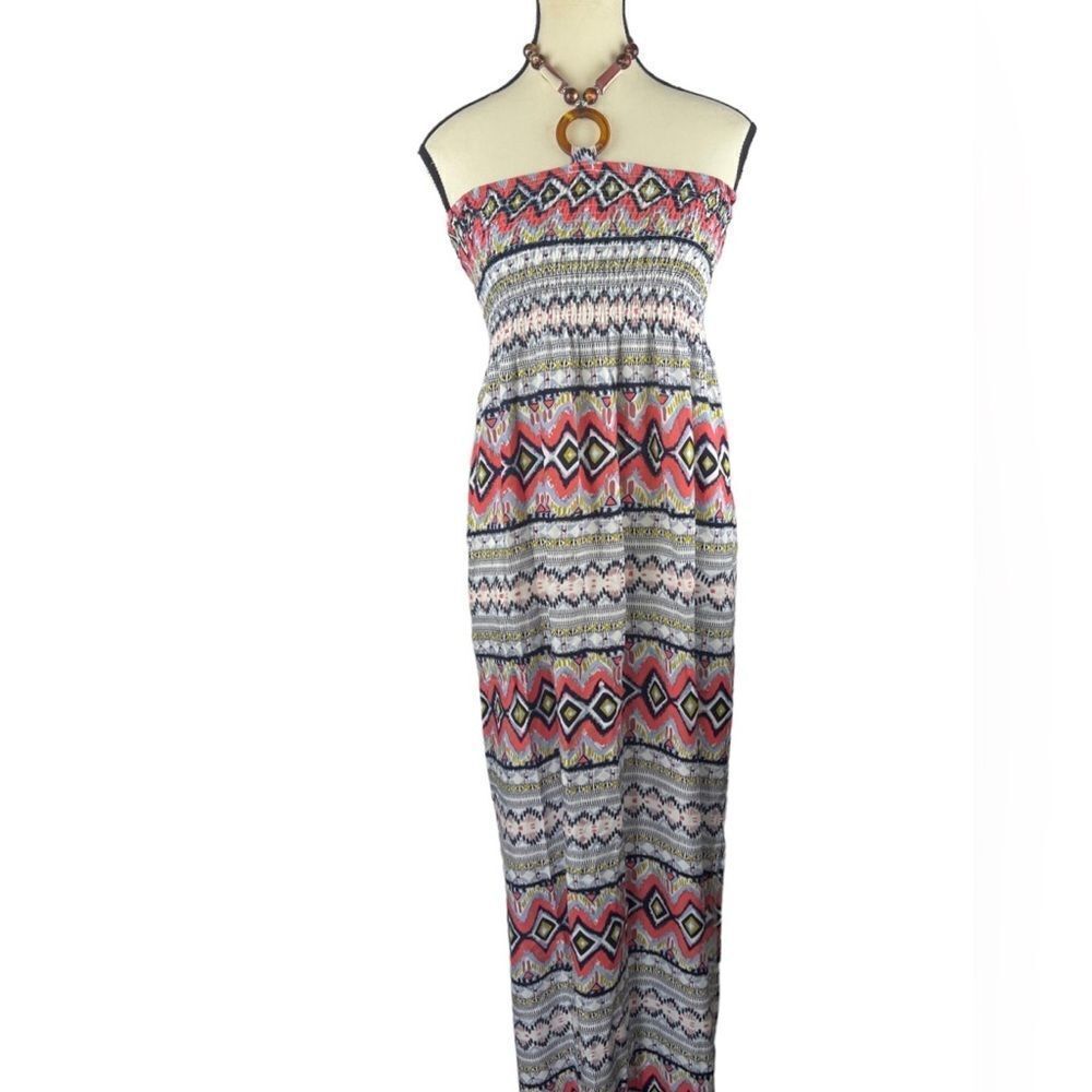 Sweet Girl geometric print maxi dress elasticized chest w decorative tie in neck